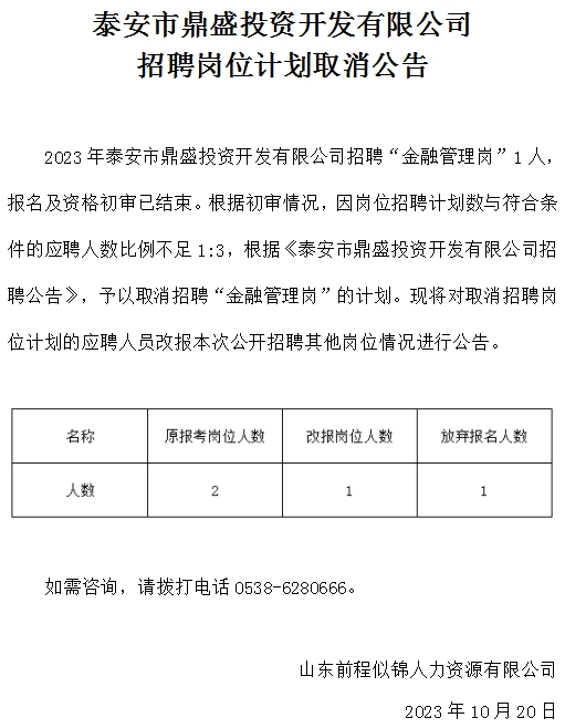 泰安市鼎盛投資開發(fā)有限公司招聘崗位計劃取消公告