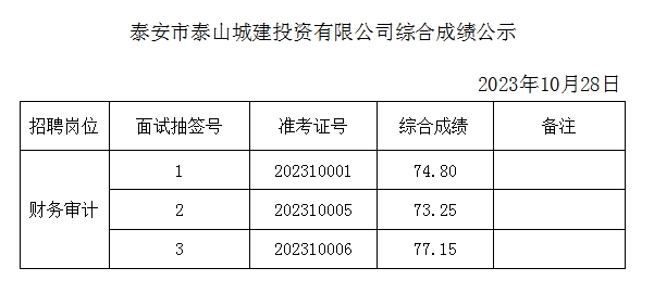 泰安市泰山城建投資有限公司綜合成績公示